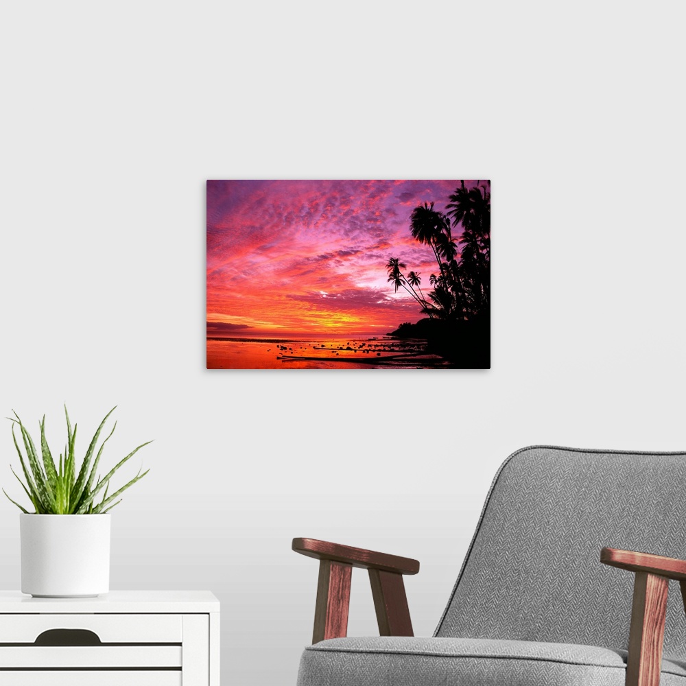 A modern room featuring Photograph of shoreline covered in palm trees under a colorful cloudy sky at dusk.