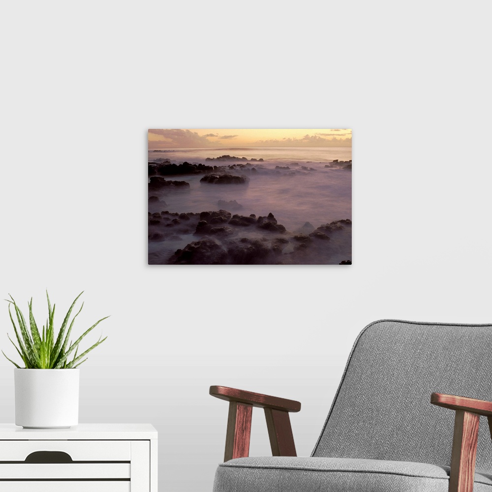 A modern room featuring Hawaii, Molokai, Kau Poa Beach, Lava Rocks In Foggy Layer In Pale Sunrise