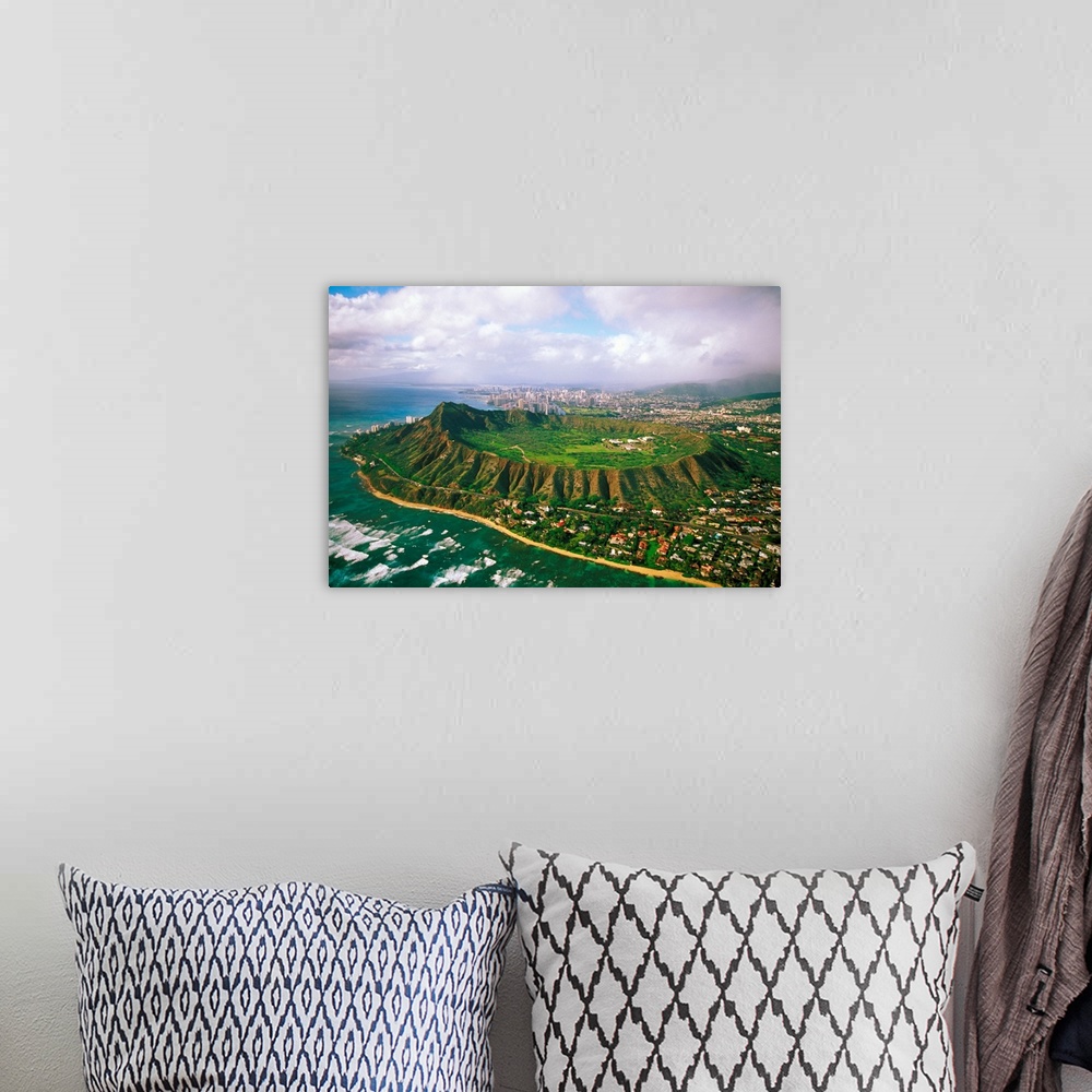 A bohemian room featuring Hawaii, Oahu, Aerial Of Diamond Head Crater With Coastline View