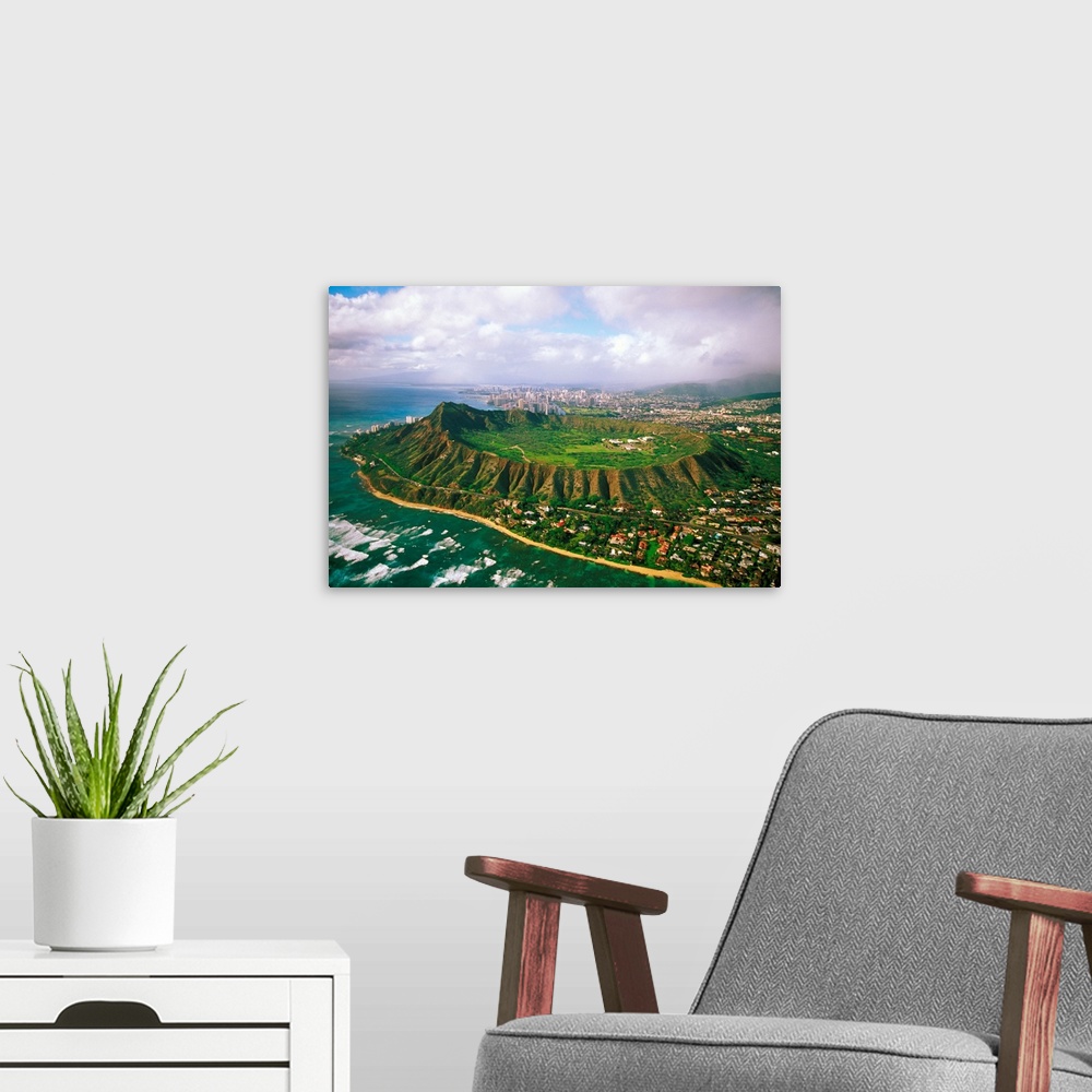 A modern room featuring Hawaii, Oahu, Aerial Of Diamond Head Crater With Coastline View