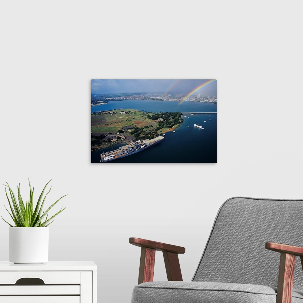A modern room featuring Hawaii, Oahu, Aerial Of Uss Missouri Docked At Pearl Harbour With Uss Arizona Memorial