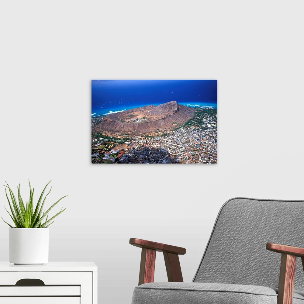 A modern room featuring Hawaii, Oahu, Aerial View Of Diamond Head And Waikiki With Coast