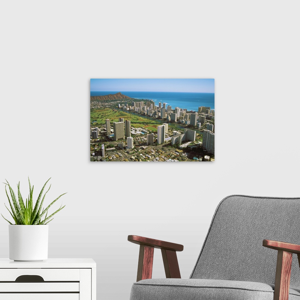 A modern room featuring Hawaii, Oahu, Aerial View Of Diamond Head, Waikiki And Golf Course