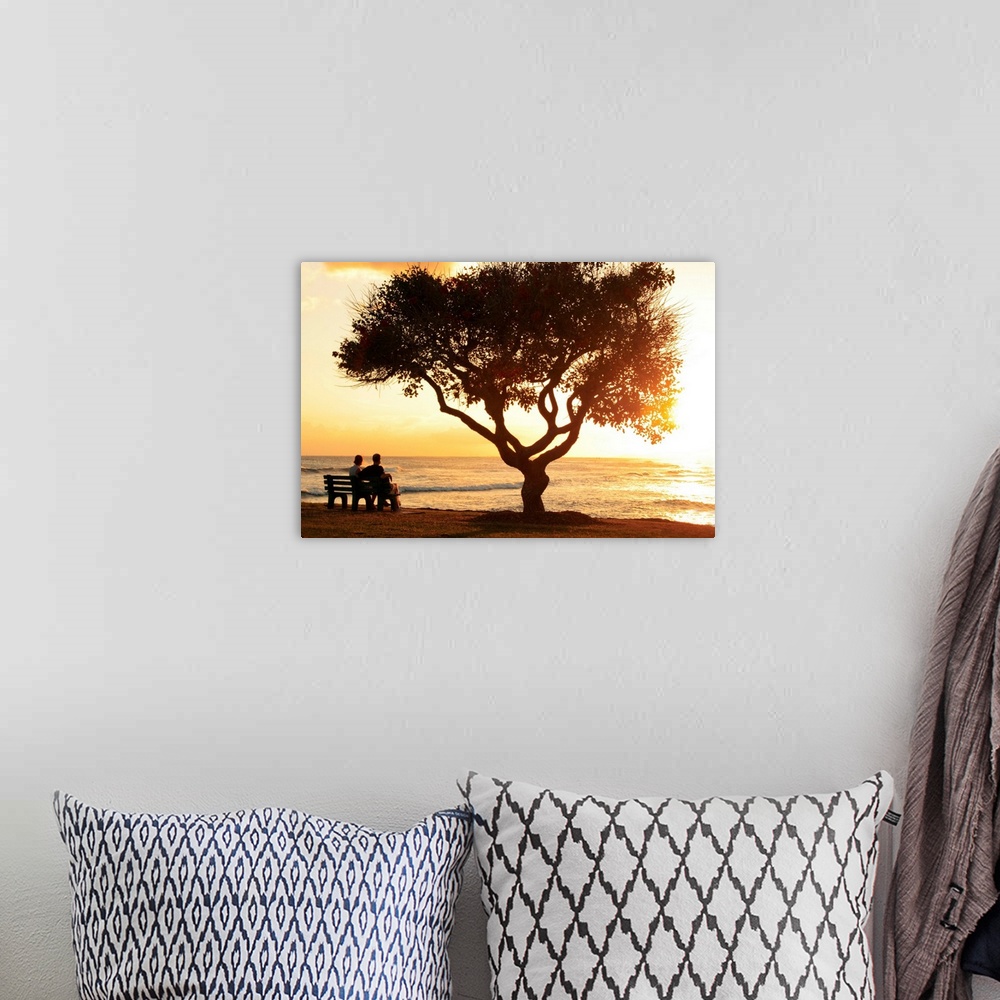 A bohemian room featuring Hawaii, Oahu, Beautiful Sunset Over The Ocean With A Couple Sitting On A Bench