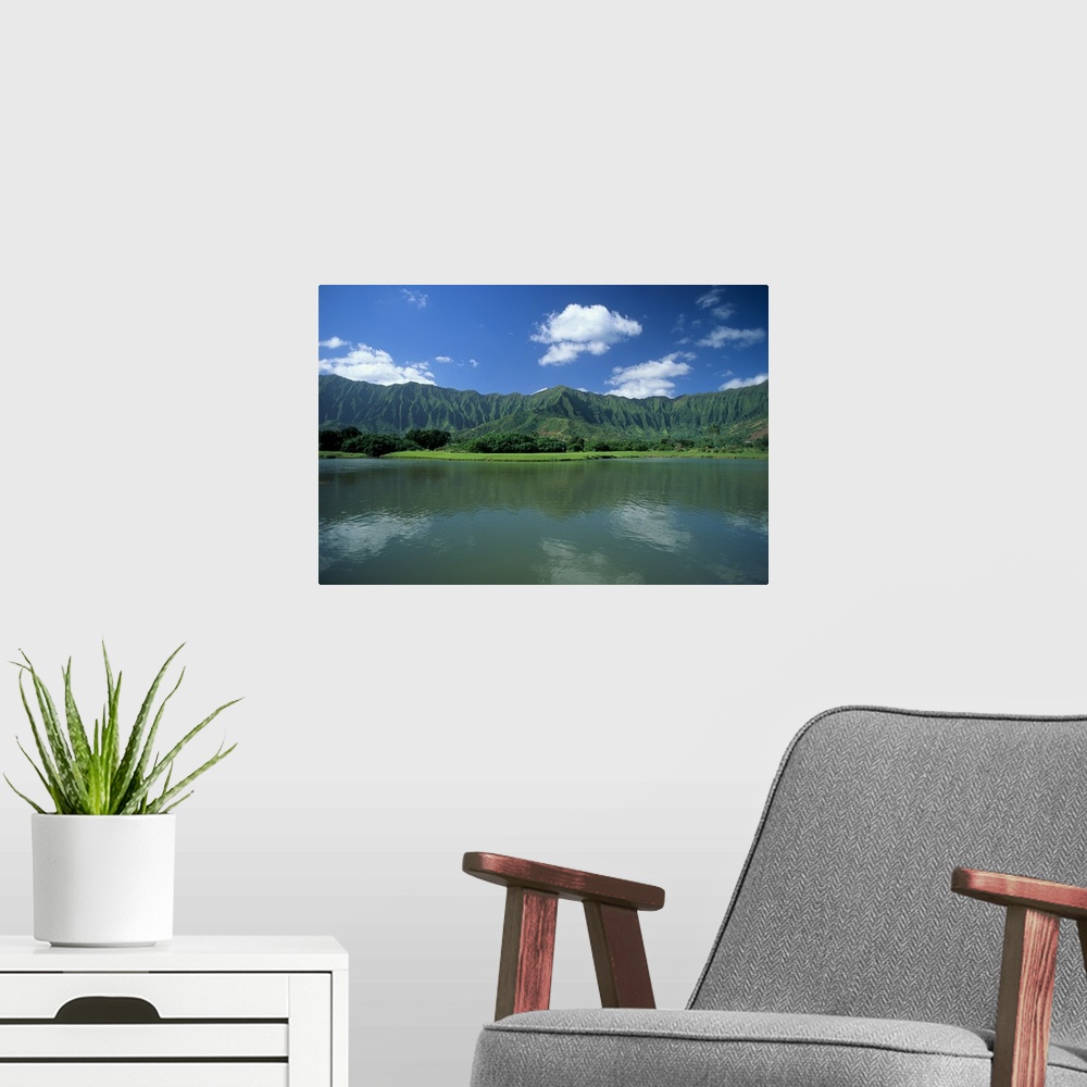 A modern room featuring Hawaii, Oahu, Calm Pond In Foreground, Ko'olau Mountains Background