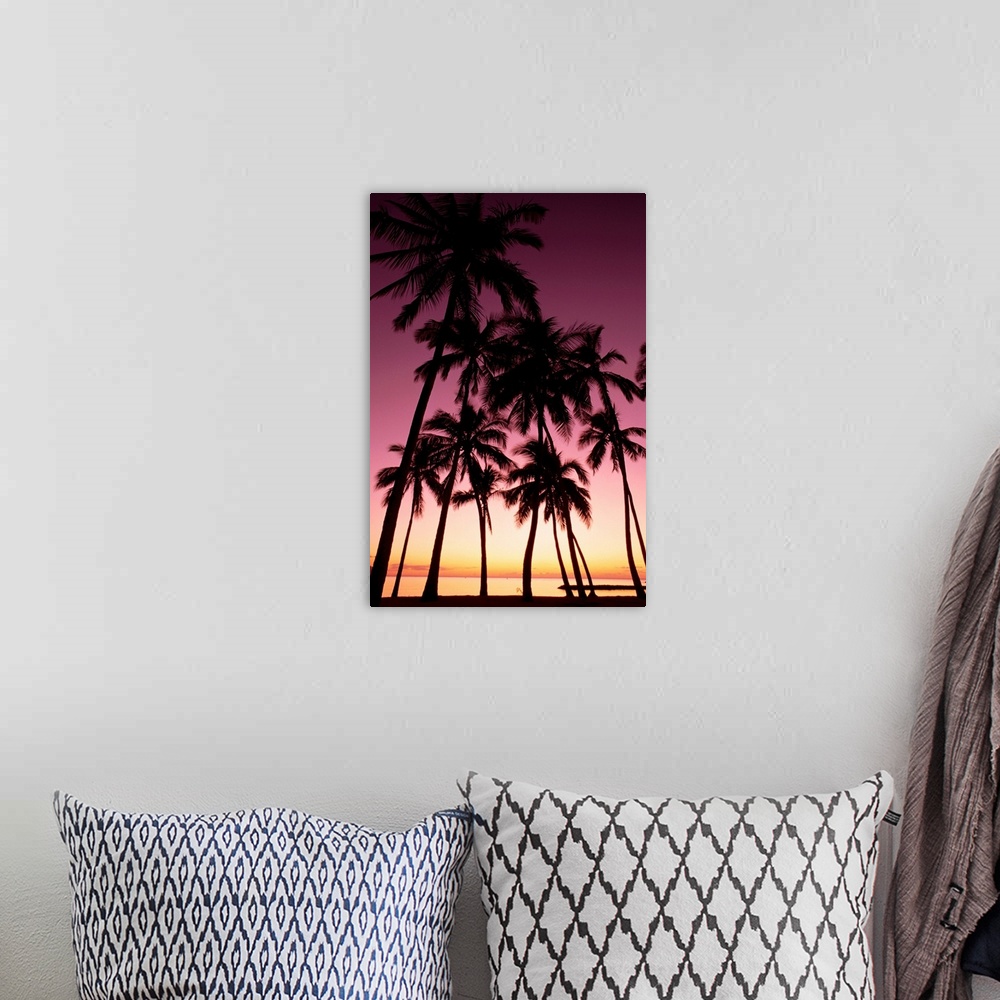 A bohemian room featuring Hawaii, Oahu, Dramatic Purple Sunset Through Silhouetted Palm Trees, Ocean