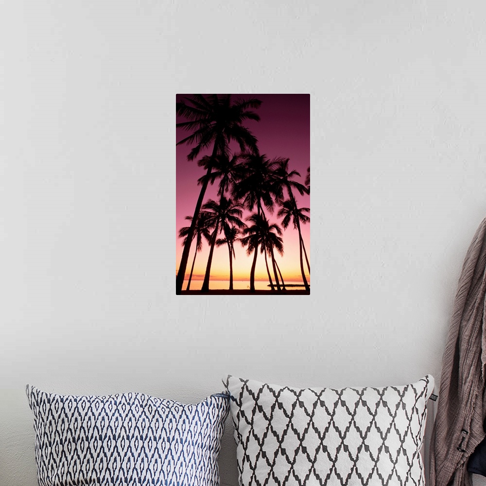A bohemian room featuring Hawaii, Oahu, Dramatic Purple Sunset Through Silhouetted Palm Trees, Ocean