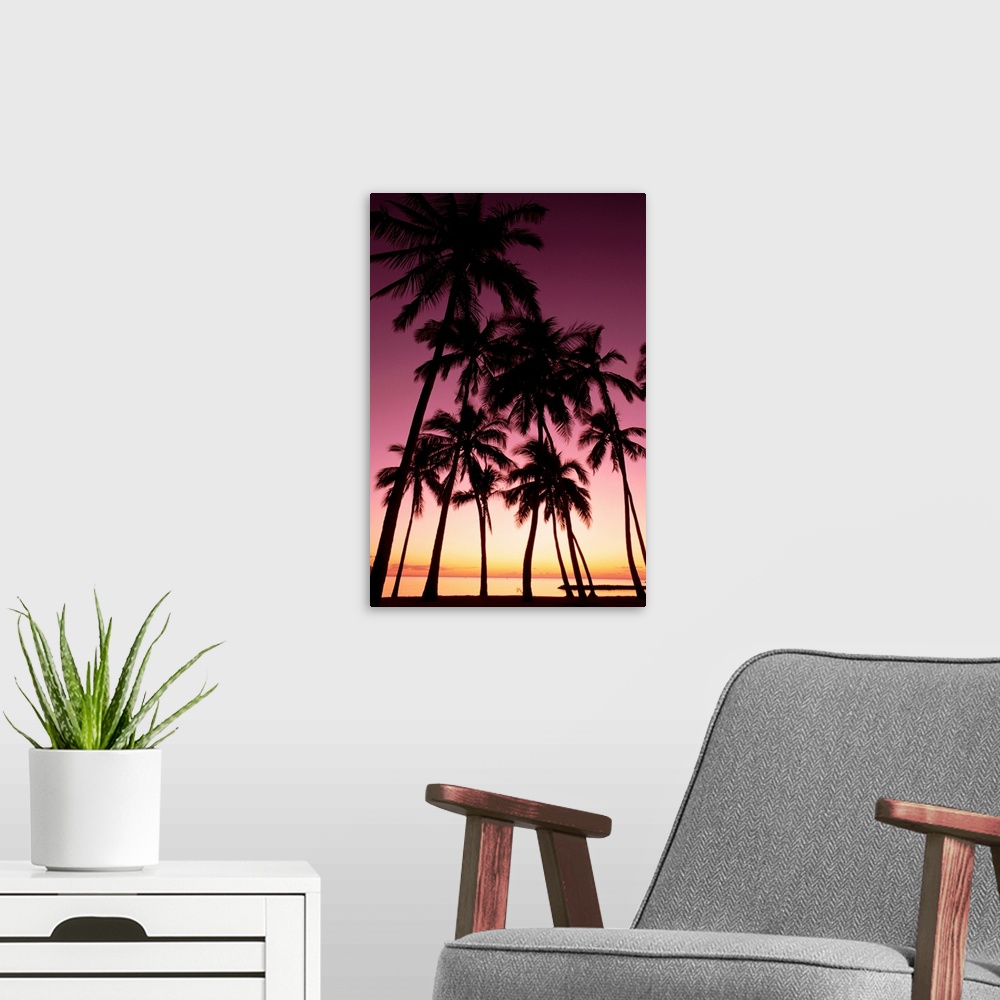 A modern room featuring Hawaii, Oahu, Dramatic Purple Sunset Through Silhouetted Palm Trees, Ocean