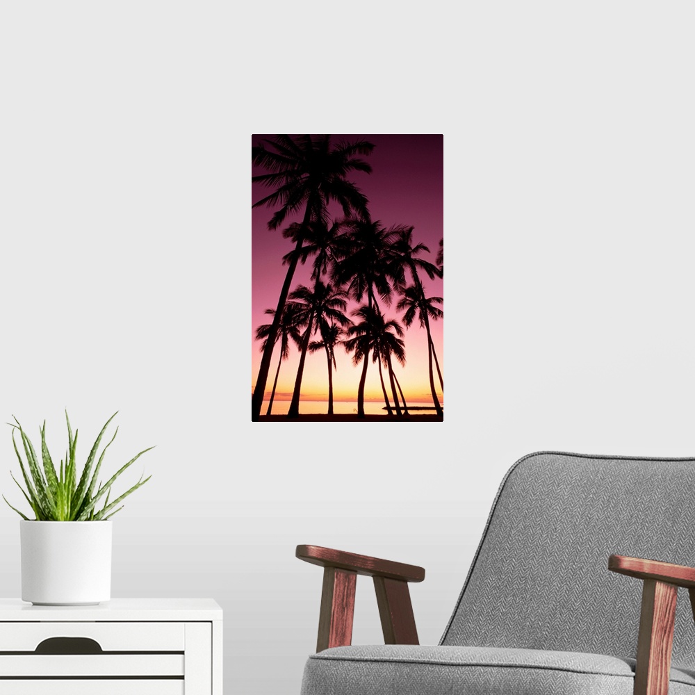 A modern room featuring Hawaii, Oahu, Dramatic Purple Sunset Through Silhouetted Palm Trees, Ocean