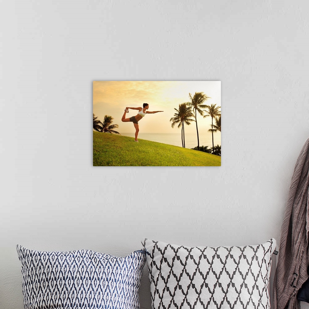 A bohemian room featuring Hawaii, Oahu, Female Doing A Yoga Pose, Stretching On A Hill