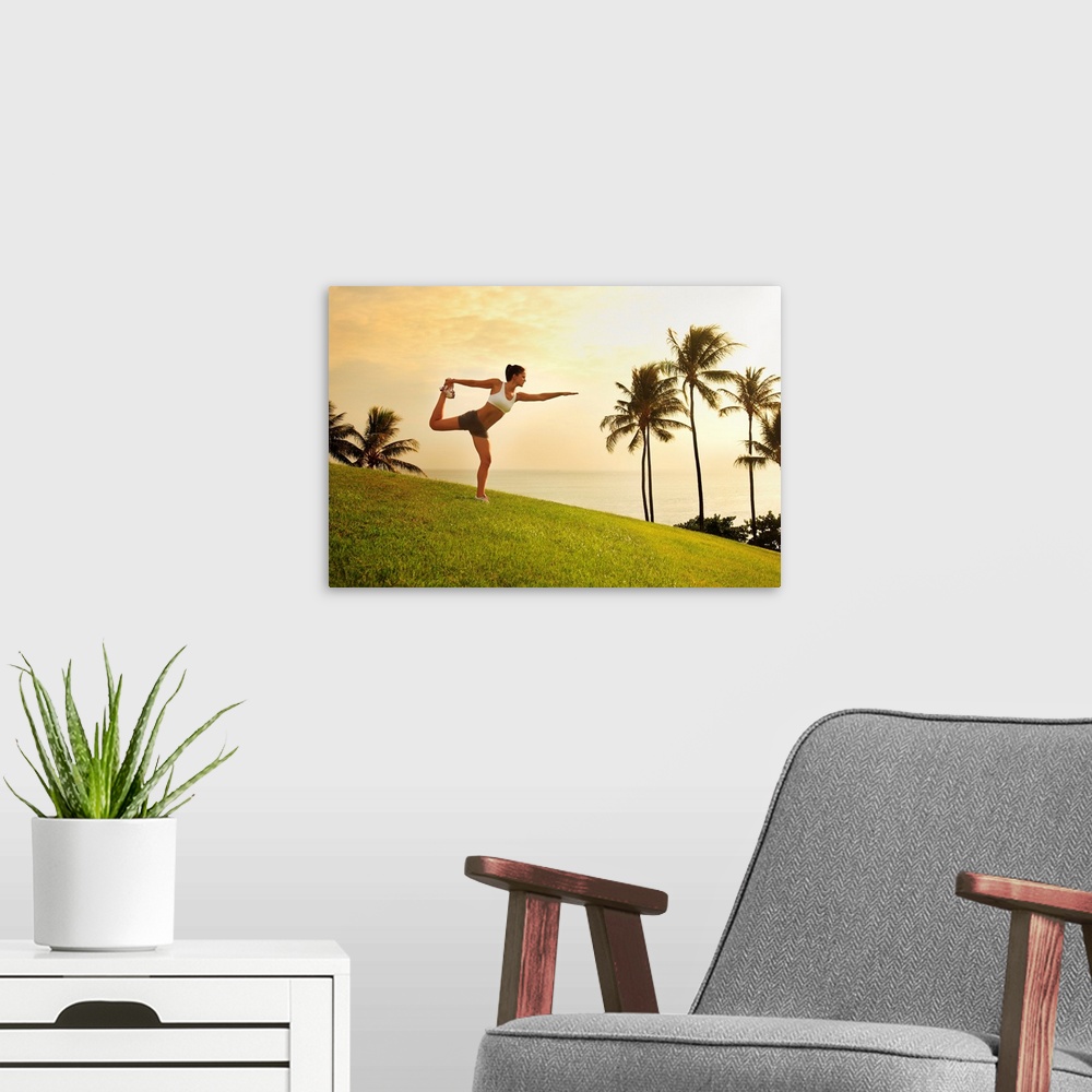 A modern room featuring Hawaii, Oahu, Female Doing A Yoga Pose, Stretching On A Hill