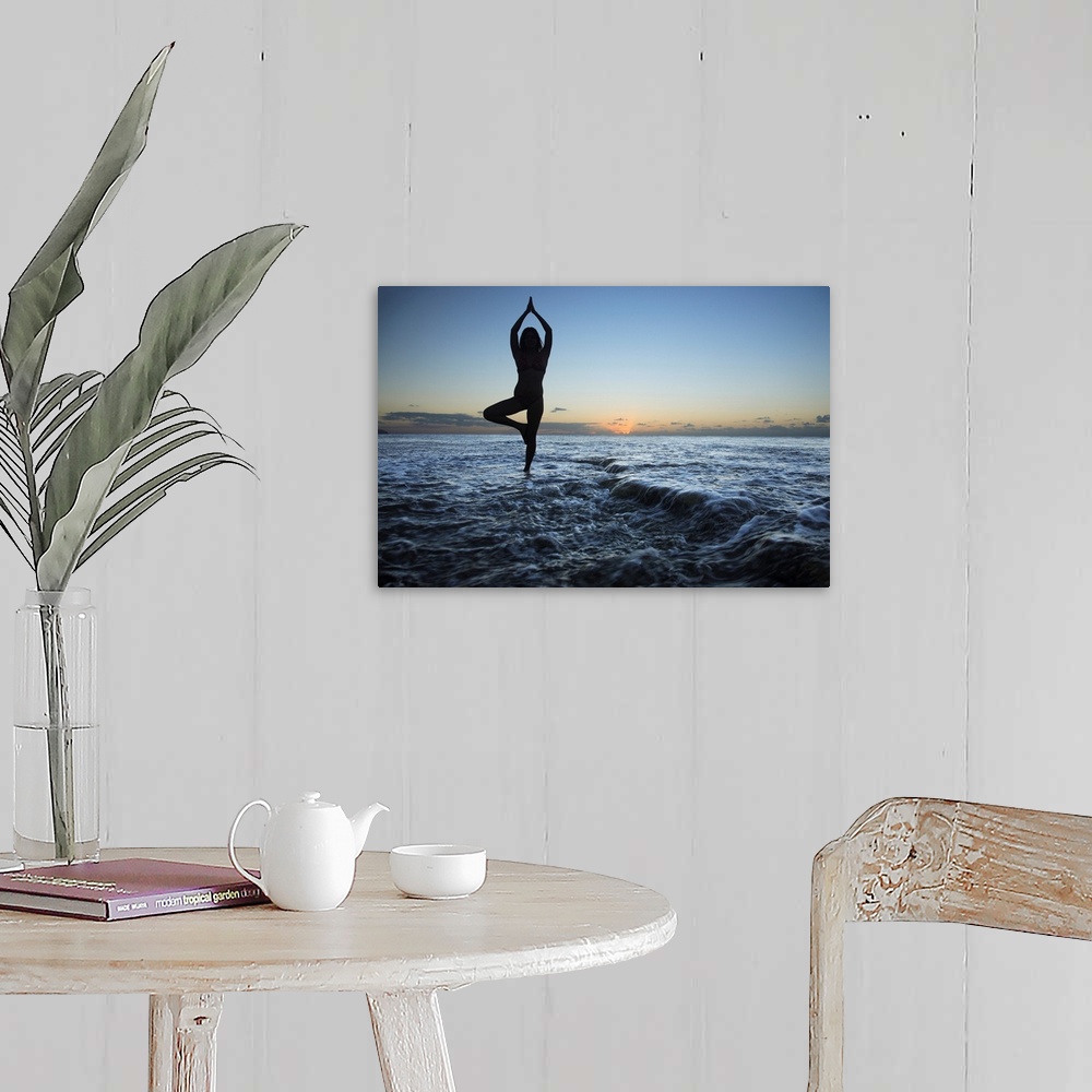 A farmhouse room featuring Hawaii, Oahu, Fit Young Girl On The Beach Doing Yoga On The Rocky Coastline