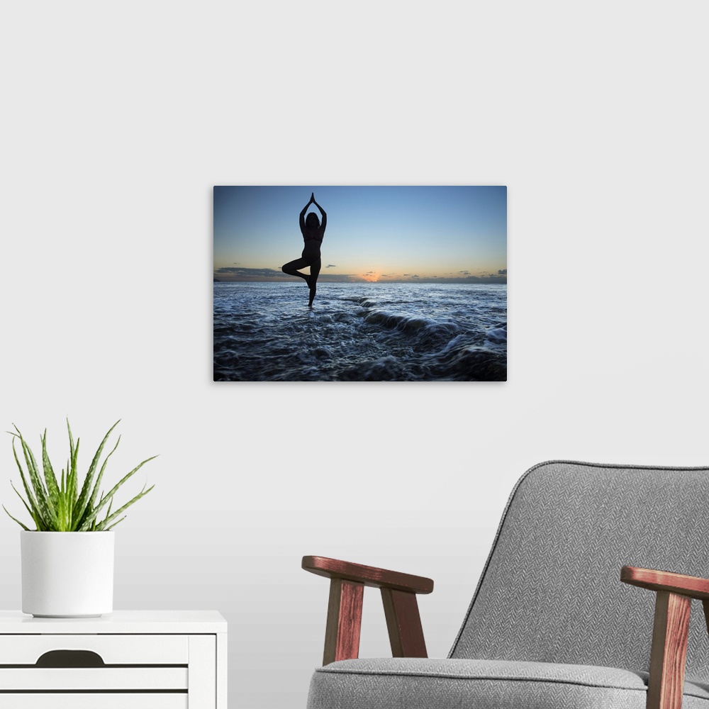 A modern room featuring Hawaii, Oahu, Fit Young Girl On The Beach Doing Yoga On The Rocky Coastline