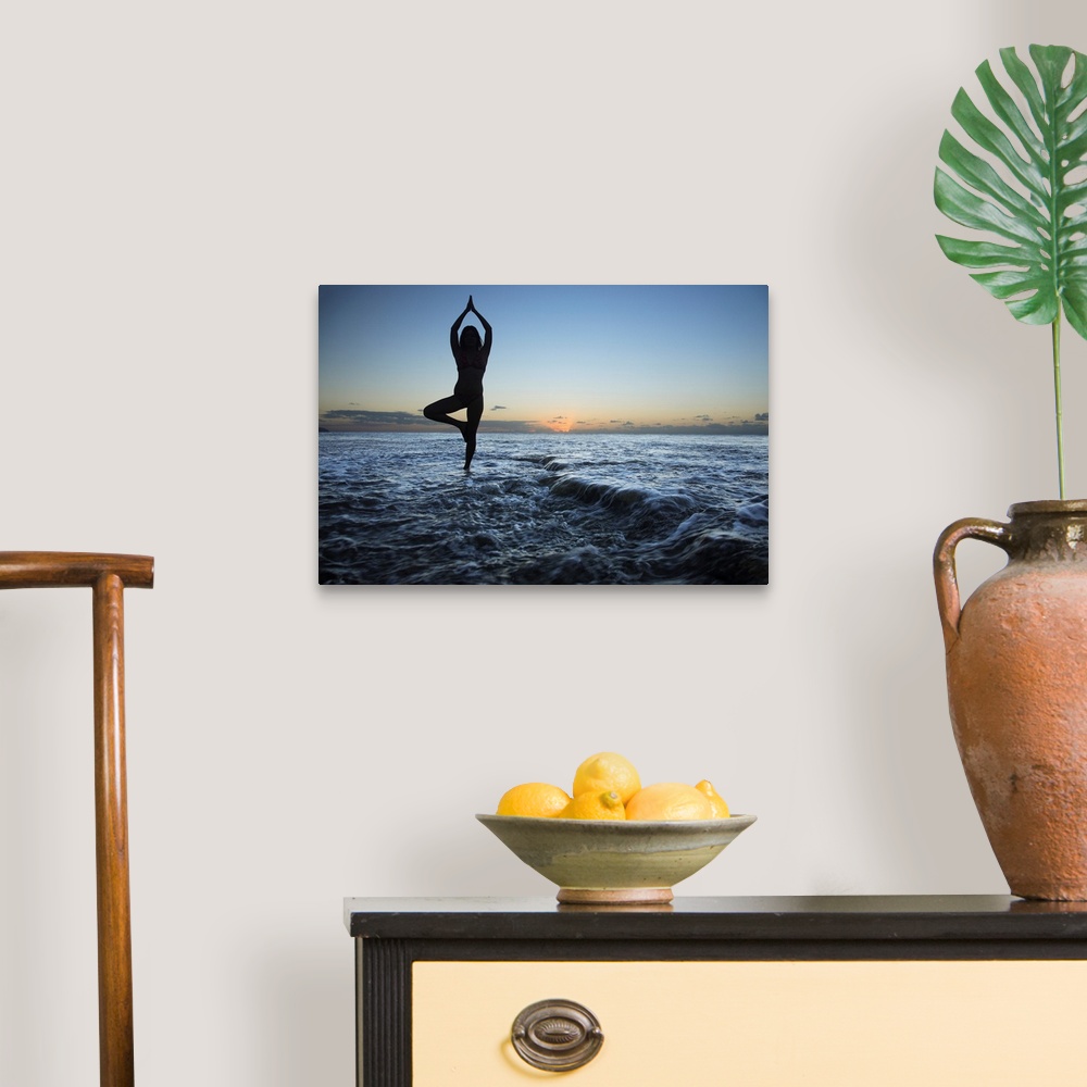 A traditional room featuring Hawaii, Oahu, Fit Young Girl On The Beach Doing Yoga On The Rocky Coastline