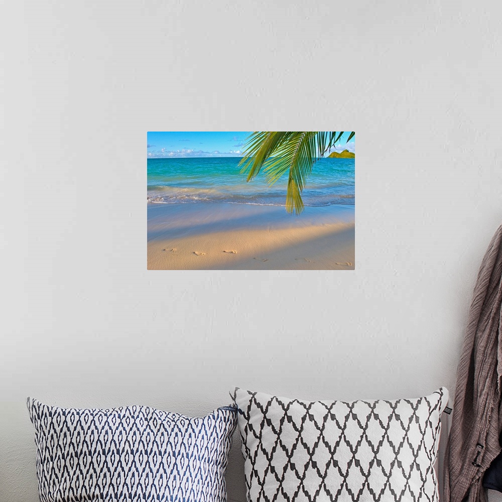A bohemian room featuring Panoramic photograph of shoreline with footprints in the sand.  There is a grass covered mountain...