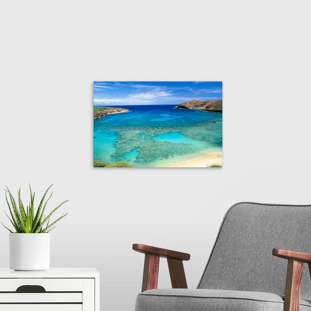 A modern room featuring Hawaii, Oahu, Hanauma Bay State Park, View From Above Looking In