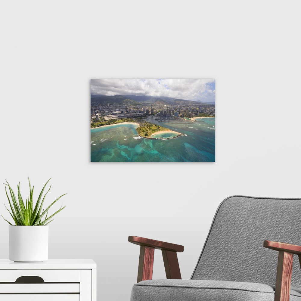 A modern room featuring Hawaii, Oahu, Honolulu, Aerial Of Magic Island, Ala Wai Yacht Basin
