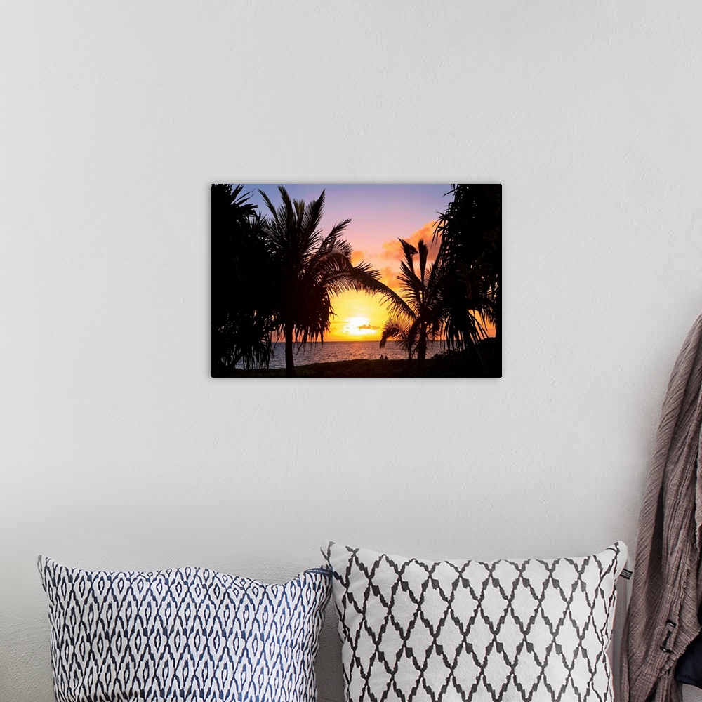 A bohemian room featuring Hawaii, Oahu, Kailua, Lanikai, Vibrant sunset with a couple on beach
