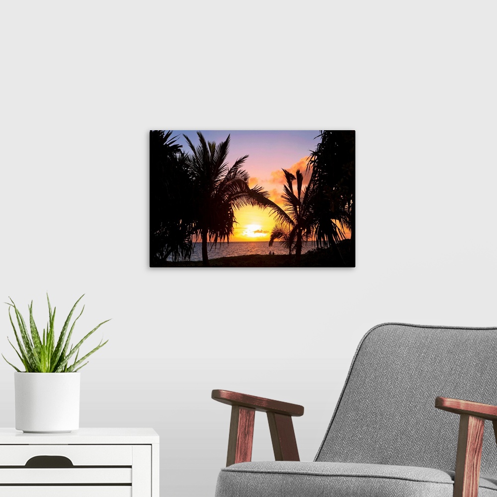 A modern room featuring Hawaii, Oahu, Kailua, Lanikai, Vibrant sunset with a couple on beach