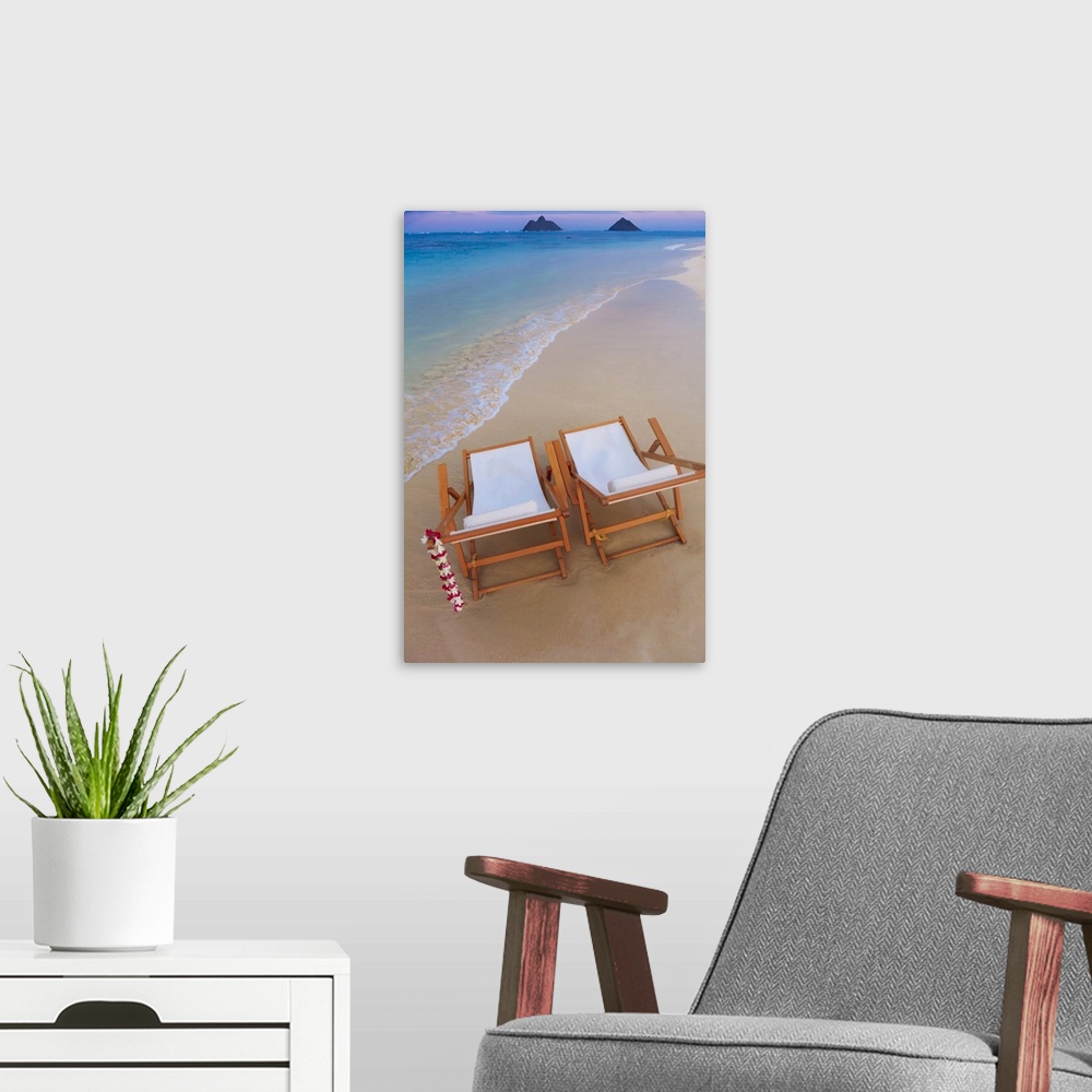 A modern room featuring Hawaii, Oahu, Kailua, Two Lounge Chairs On The White Sandy Beach Of Lanikai