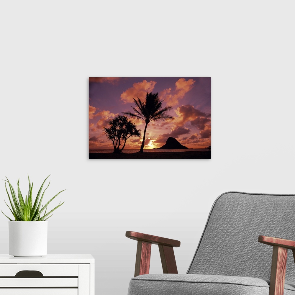 A modern room featuring Hawaii, Oahu, Kualoa County Beach Park, Mokoli'i Island At Sunrise