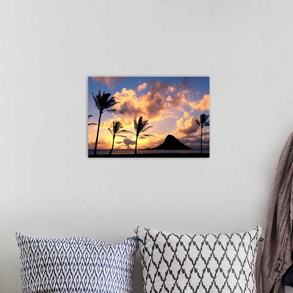 A bohemian room featuring Hawaii, Oahu, Kualoa County Beach Park, Mokoli'i Island Silhouetted At Sunrise