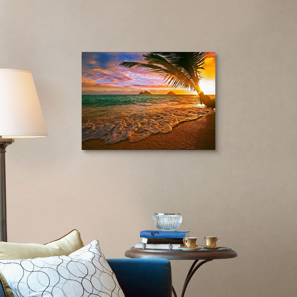 A traditional room featuring Horizontal, photographic wall hanging of a palm tree swaying over the shoreline of Lanikai Beach,...