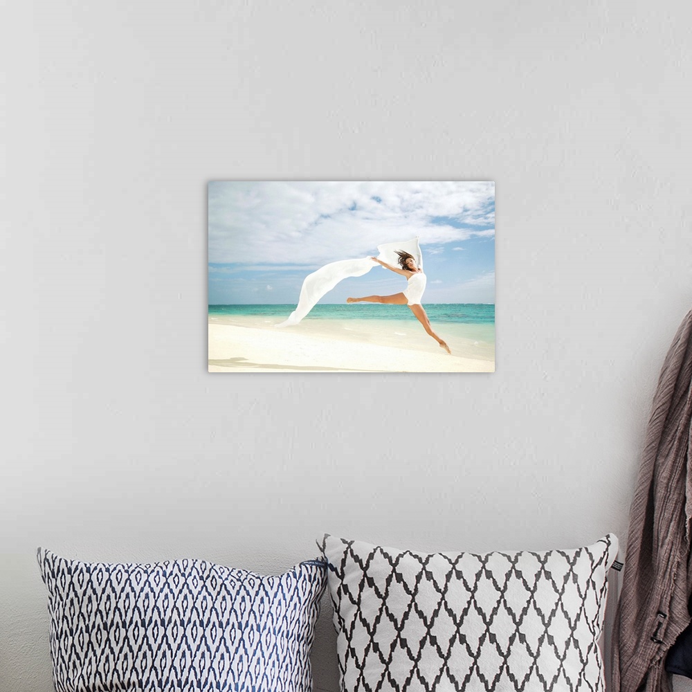 A bohemian room featuring Hawaii, Oahu, Lanikai Beach, Ballet Dancer Leaping Into Air With White Flowing Fabric