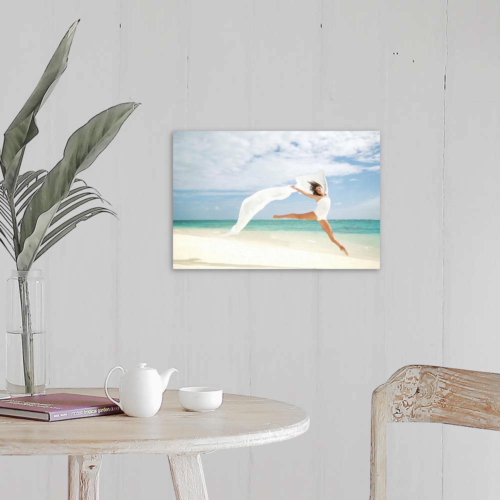 A farmhouse room featuring Hawaii, Oahu, Lanikai Beach, Ballet Dancer Leaping Into Air With White Flowing Fabric