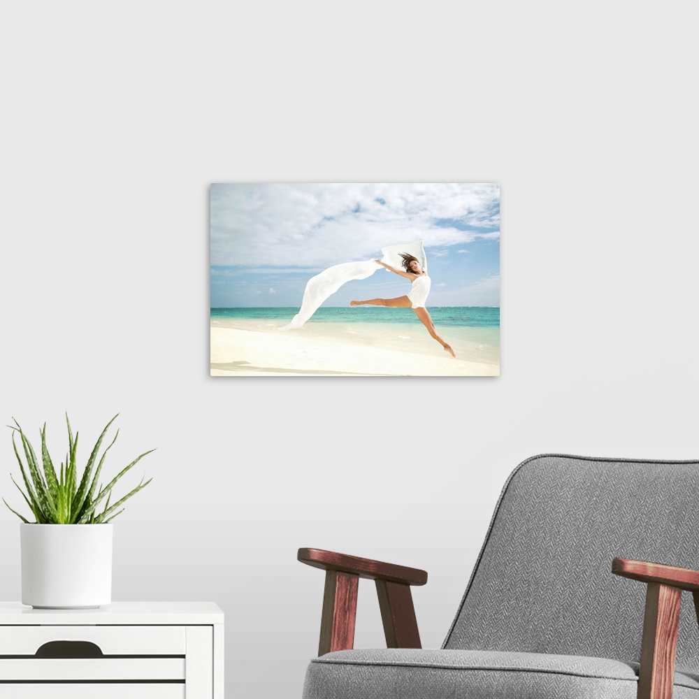 A modern room featuring Hawaii, Oahu, Lanikai Beach, Ballet Dancer Leaping Into Air With White Flowing Fabric