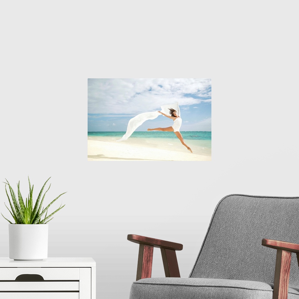 A modern room featuring Hawaii, Oahu, Lanikai Beach, Ballet Dancer Leaping Into Air With White Flowing Fabric