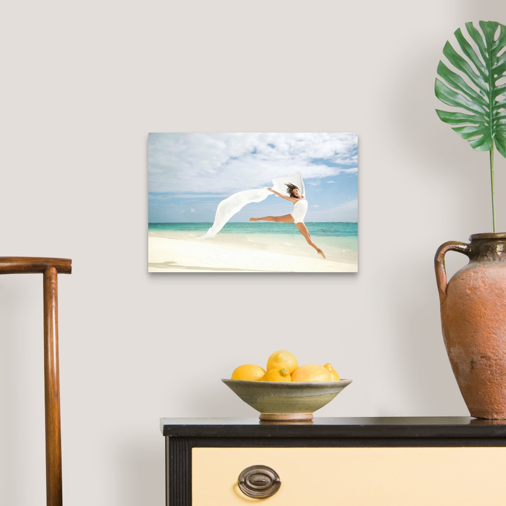 A traditional room featuring Hawaii, Oahu, Lanikai Beach, Ballet Dancer Leaping Into Air With White Flowing Fabric