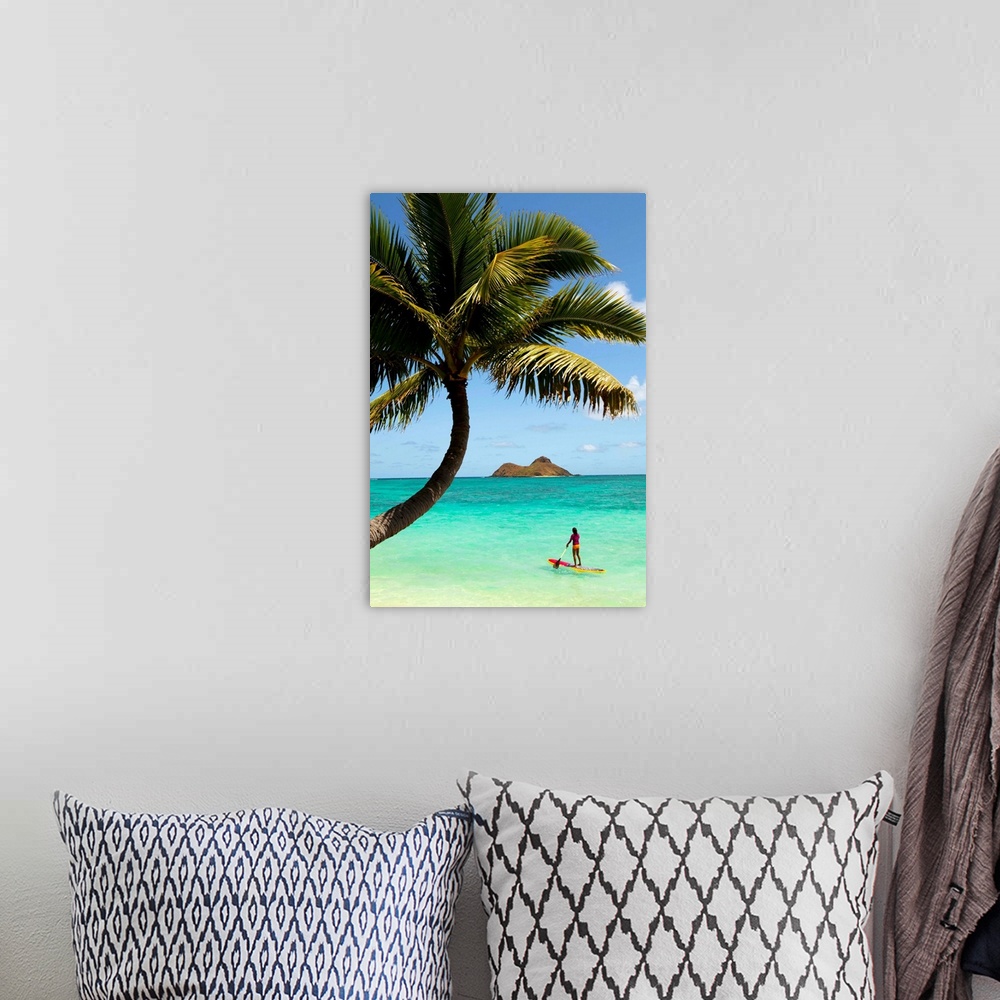 A bohemian room featuring Hawaii, Oahu, Lanikai Beach, Female Stand Up Paddler On Her Way To The Mokulua Islands