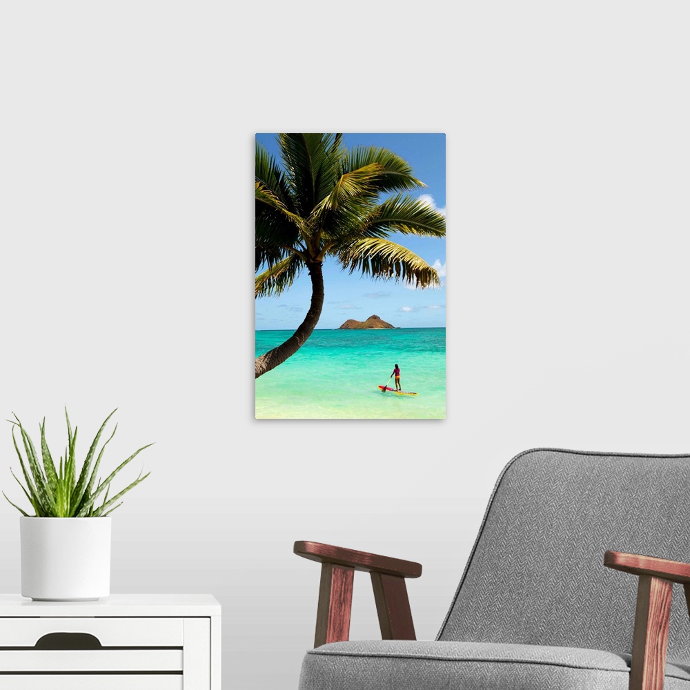 A modern room featuring Hawaii, Oahu, Lanikai Beach, Female Stand Up Paddler On Her Way To The Mokulua Islands