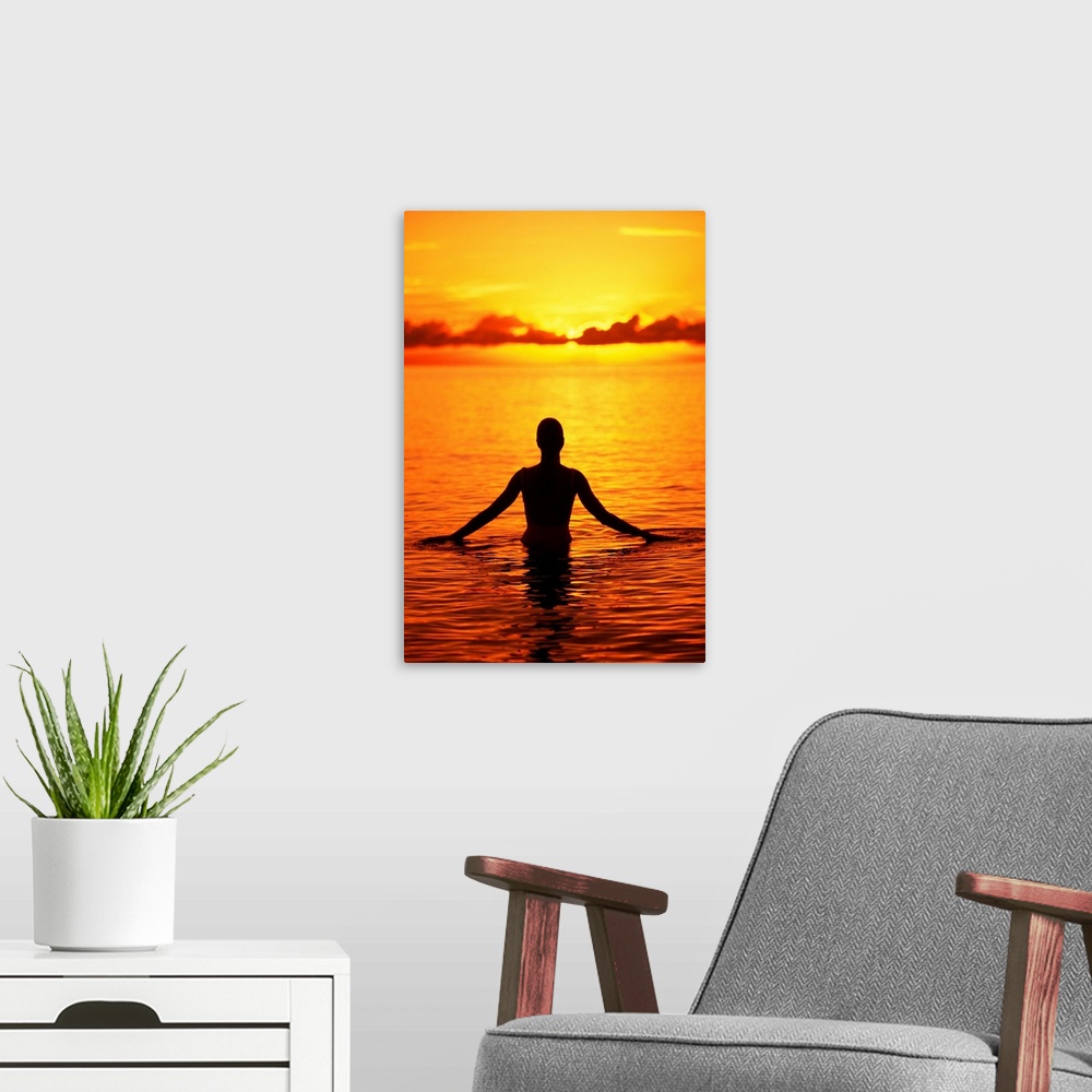 A modern room featuring Hawaii, Oahu, Lanikai Beach, Silhouette Of Woman Wading In The Ocean At Sunrise