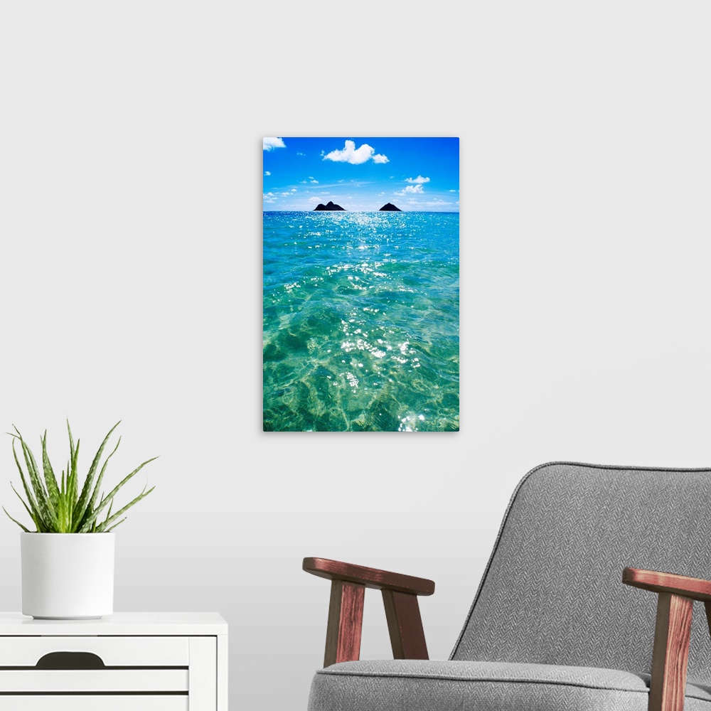 A modern room featuring Hawaii, Oahu, Lanikai Beach, View Of Water, Sky, Clouds And Moku
