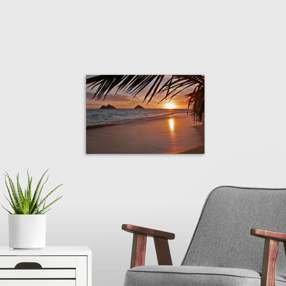 A modern room featuring Palm fronts frame this photograph of waves washing on the shore and the sun setting on the horizo...