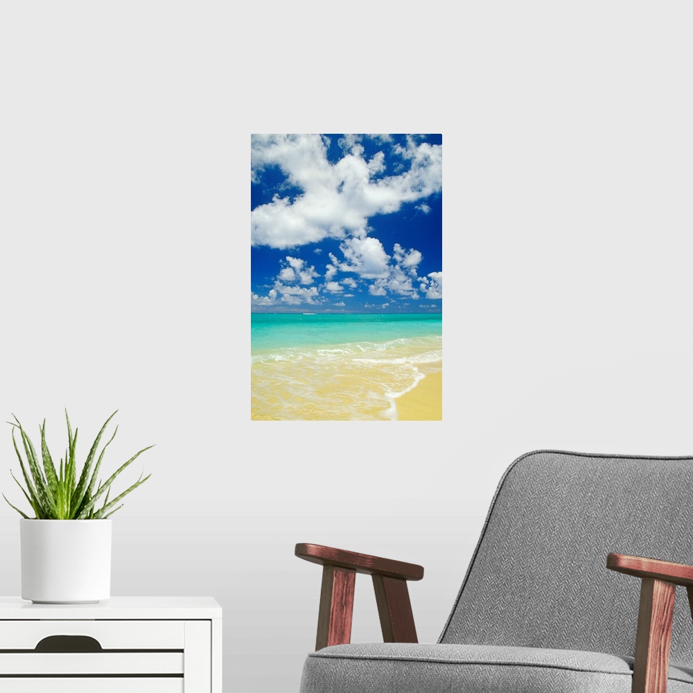 A modern room featuring Hawaii, Oahu, Lanikai, Gentle Wave Washing Ashore On Beach, Turquoise Water And Blue Sky