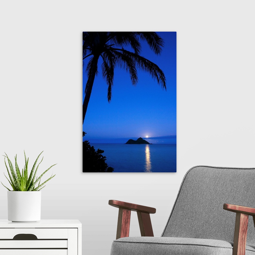A modern room featuring Hawaii, Oahu, Lanikai, Moonrise With Mokulua Islands In Background