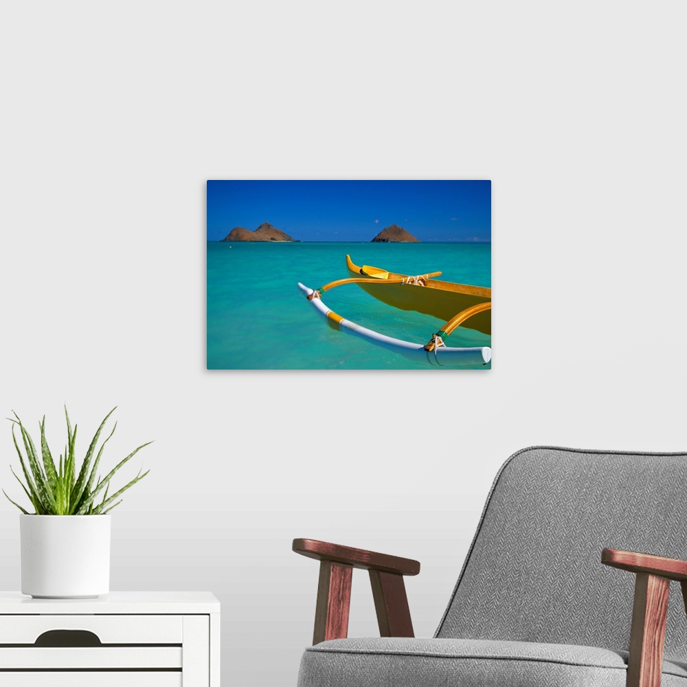 A modern room featuring Hawaii, Oahu, Lanikai, Outrigger Canoe In Turquoise Ocean