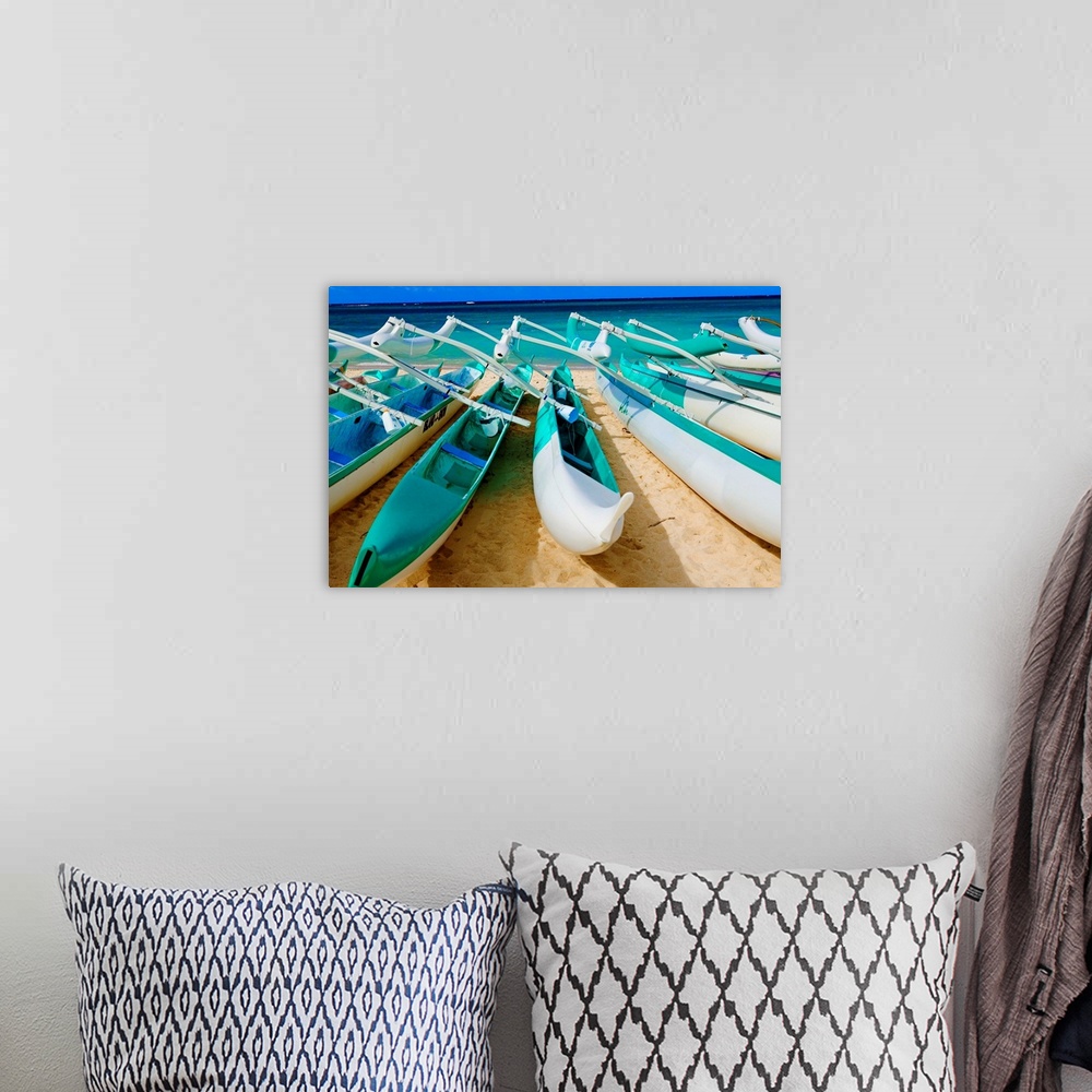 A bohemian room featuring Hawaii, Oahu, Lanikai, Outrigger Canoes Stacked Along The Beach