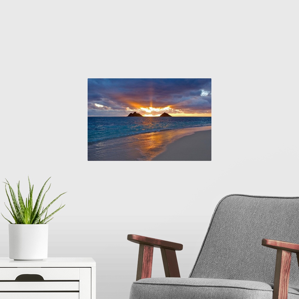 A modern room featuring Hawaii, Oahu, Lanikai, Sunrise With The Mokulua Islands In The Distance