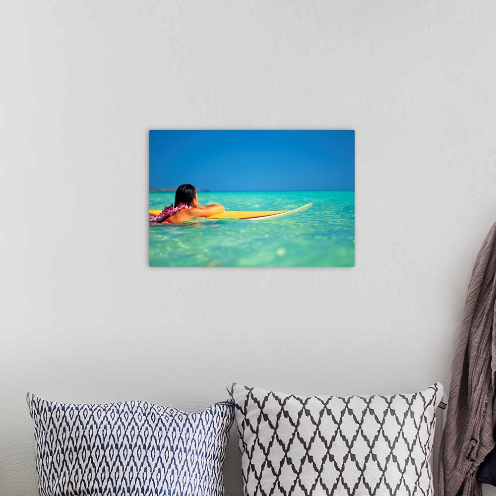 A bohemian room featuring Hawaii, Oahu, Lanikai, Woman Resting On Surfboard Looking Out On Clear Teal Water