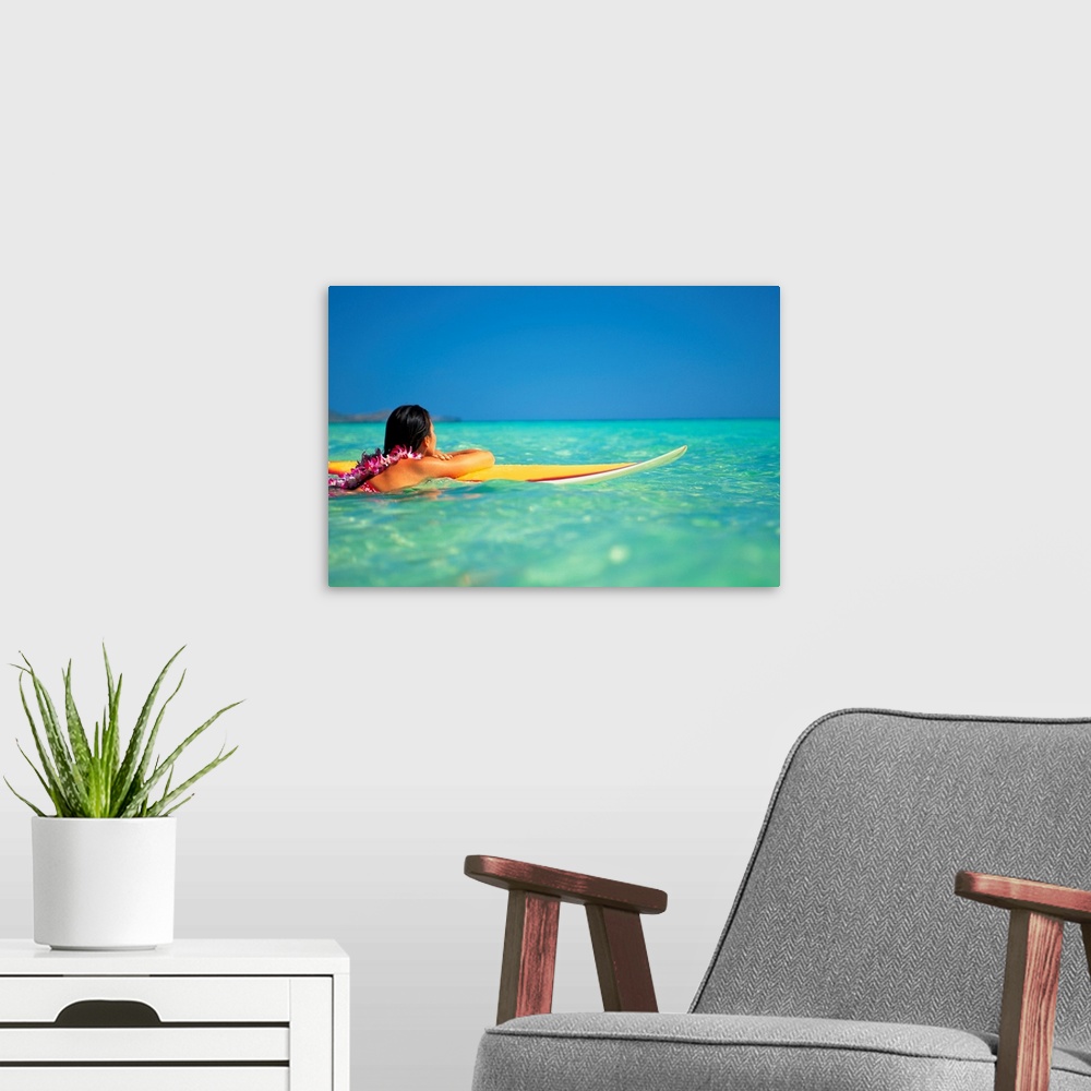 A modern room featuring Hawaii, Oahu, Lanikai, Woman Resting On Surfboard Looking Out On Clear Teal Water
