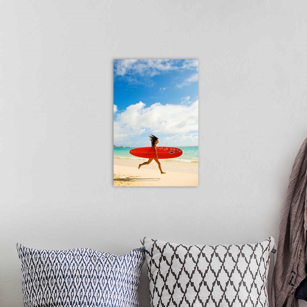 A bohemian room featuring Hawaii, Oahu, Lanikai, Young Woman Running On Beach With Surfboard