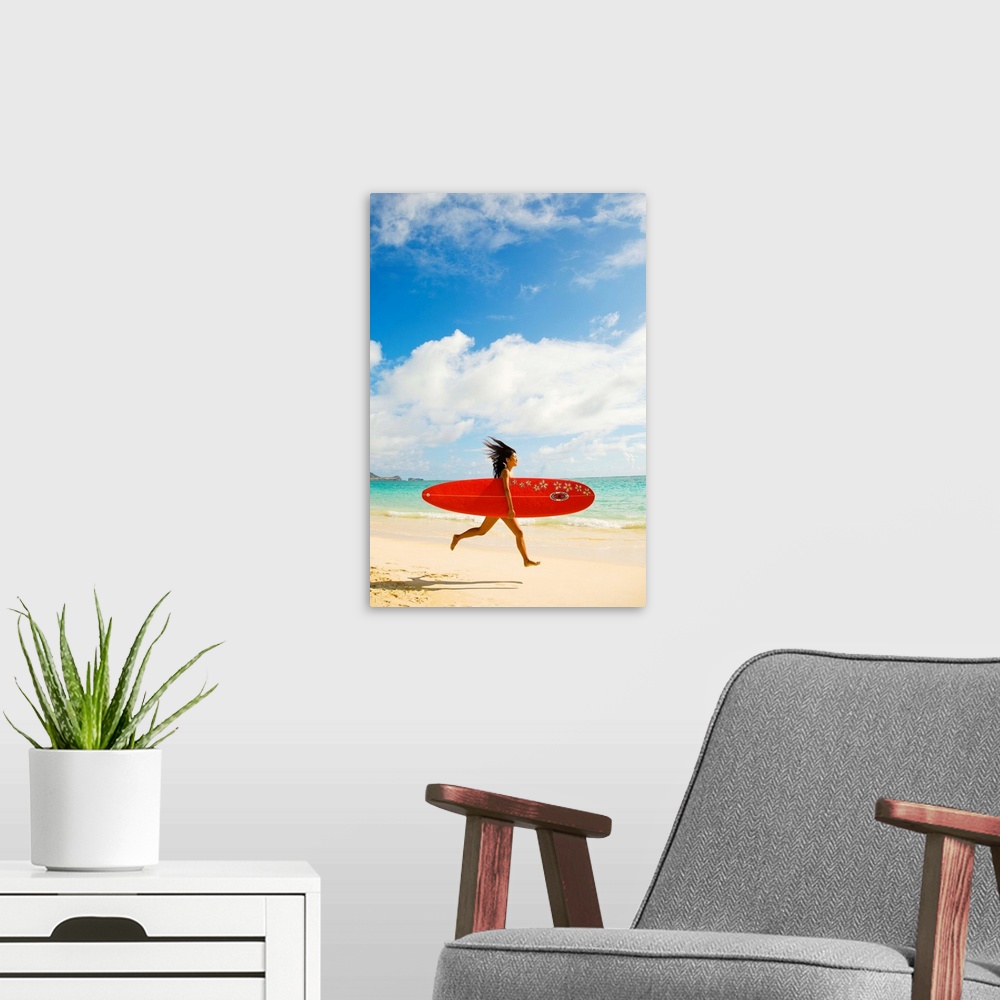 A modern room featuring Hawaii, Oahu, Lanikai, Young Woman Running On Beach With Surfboard