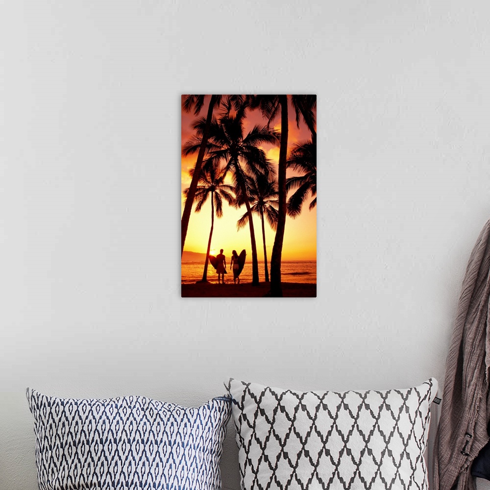 A bohemian room featuring Hawaii, Oahu, North Shore, Couple Walk Under Palms With Surfboards At Sunset