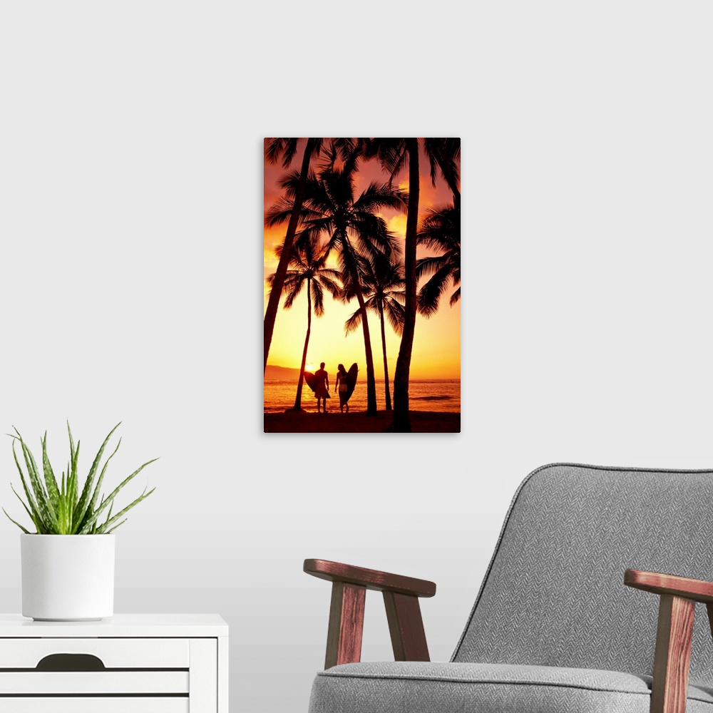 A modern room featuring Hawaii, Oahu, North Shore, Couple Walk Under Palms With Surfboards At Sunset
