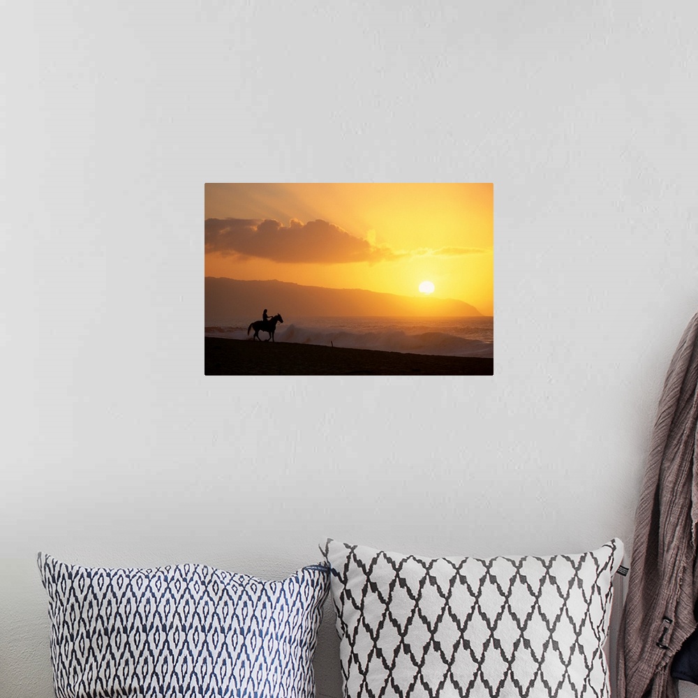 A bohemian room featuring Hawaii, Oahu, North Shore, Girl On Horseback At Sunset On Beach
