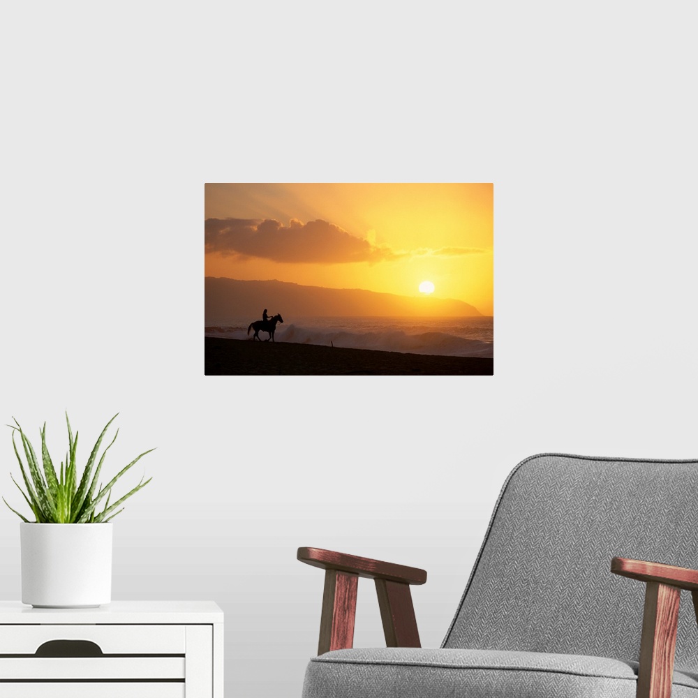 A modern room featuring Hawaii, Oahu, North Shore, Girl On Horseback At Sunset On Beach